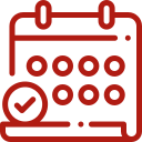 Icono de calendario en color rojo con un check marcado, simbolizando la planificación y organización de eventos o tareas. Ideal para temas relacionados con la gestión del tiempo y la programación.